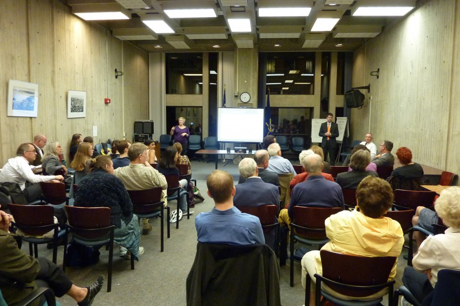 A packed meeting at City Hall to discuss Boston Public Works Trash Contract. Photo by Conor Finley