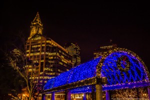 Custom House towers over the blue lighted trellis. Photo by Matt Conti