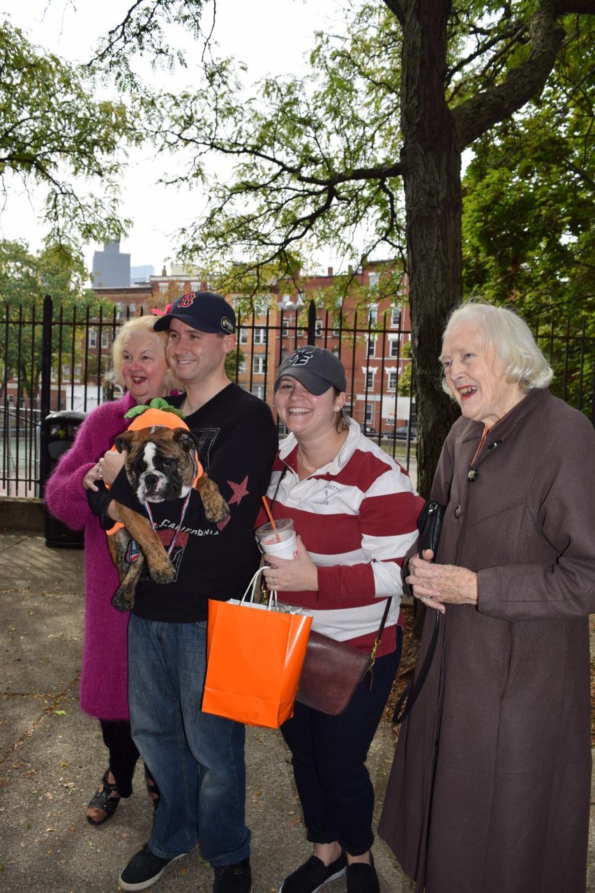 Porter, our English Bull Dog puppy won the costume category as a “brindle pumpkin,”