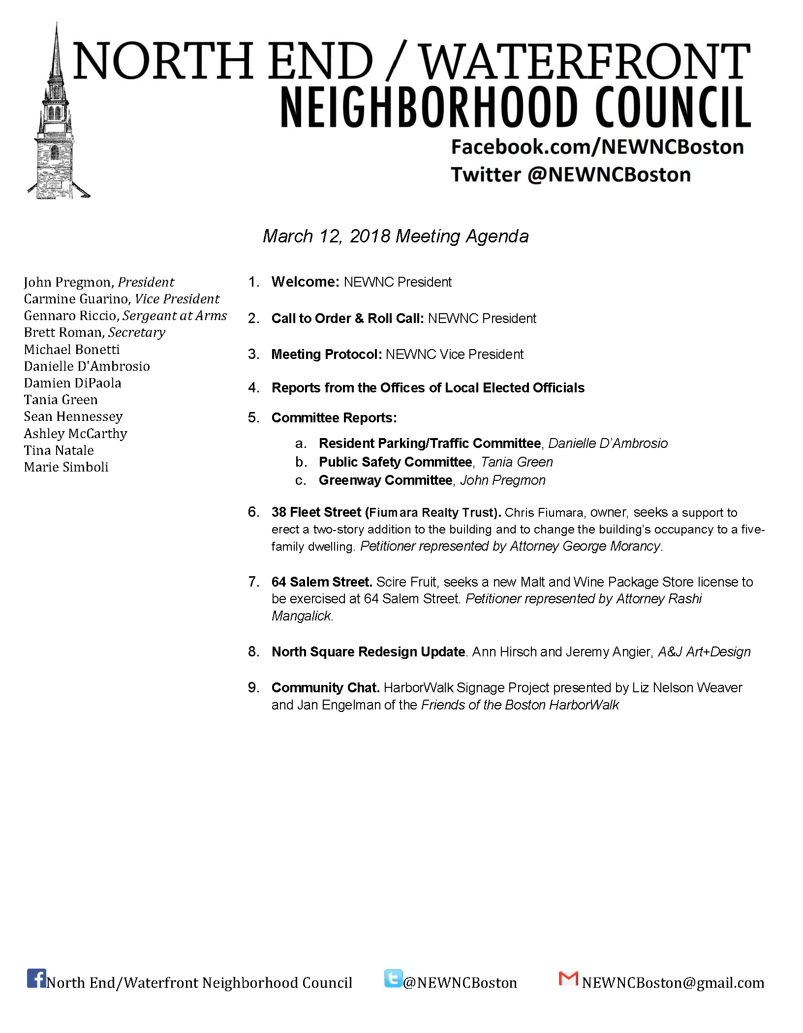 Neighborhood Council March 12 Agenda 38 Fleet St Addition 64 Salem St License North Square Redesign Harborwalk Signage Northendwaterfront Com