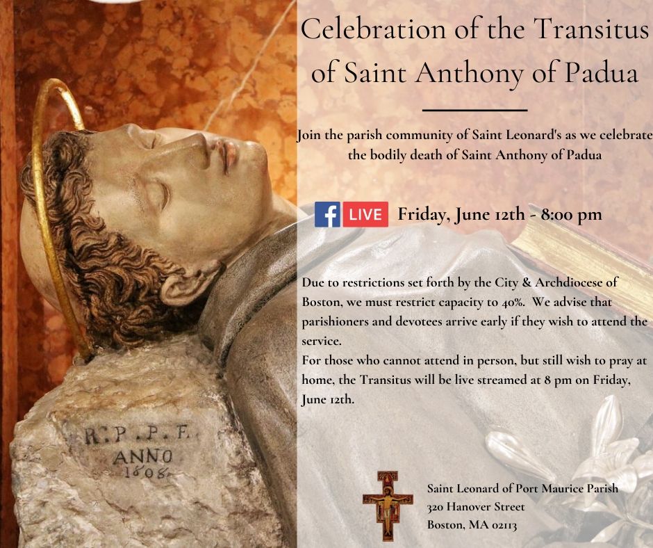 Celebration Of The Transitus Of Saint Anthony Of Padua Feast Day Mass June 12 13 Northendwaterfront Com